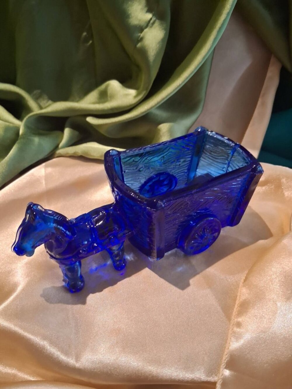 Vintage Cobalt Blue Glass Horse and Wagon Toothpick Holder Salt Cellar Dish